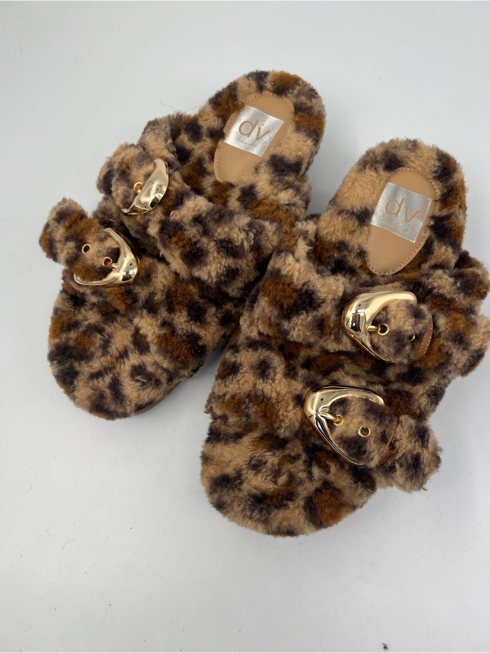 DV by Dolce Vita Leopard Faux-Fur Slide Sandals with Gold Buckles
